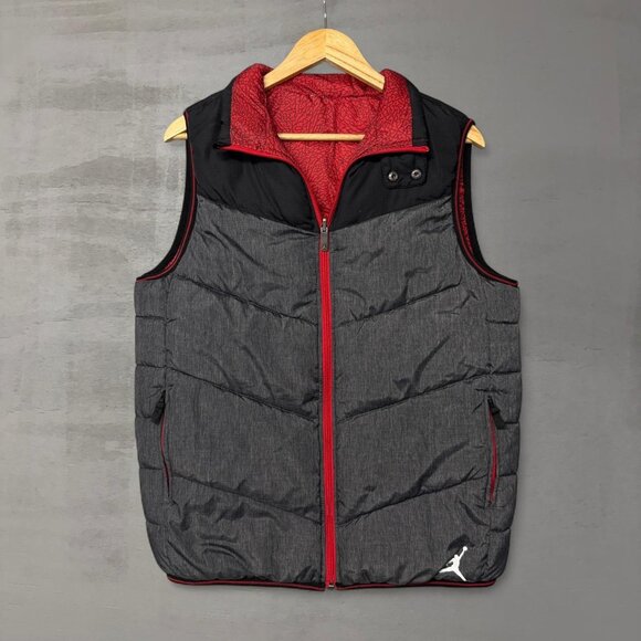 Y2K Nike Air Jordan Grey Red Black Zip Up REVERSIBLE Puffer Vest XL - Picture 1 of 7